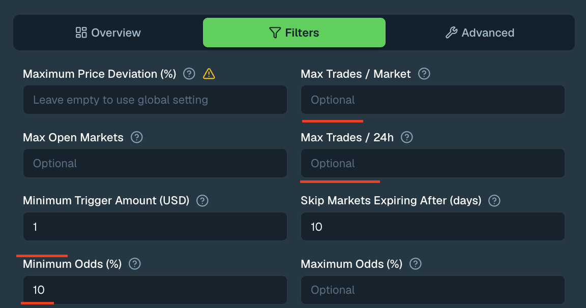 Filters tab: Minimum Trigger Amount and Minimum Odds set for a 5-minute bot wallet
