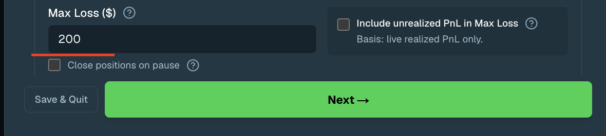 Overview tab continued: Max Loss and PnL basis for the kill switch