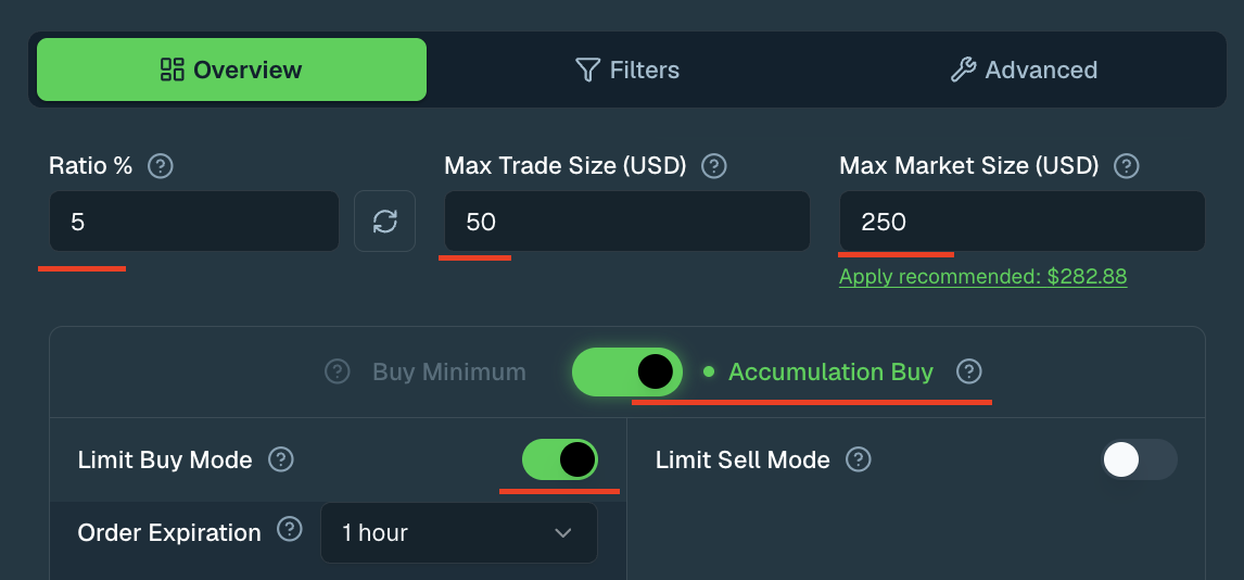 Overview tab: Ratio %, Max Trade Size, Max Market Size, and Accumulation Buy enabled instead of Buy Minimum