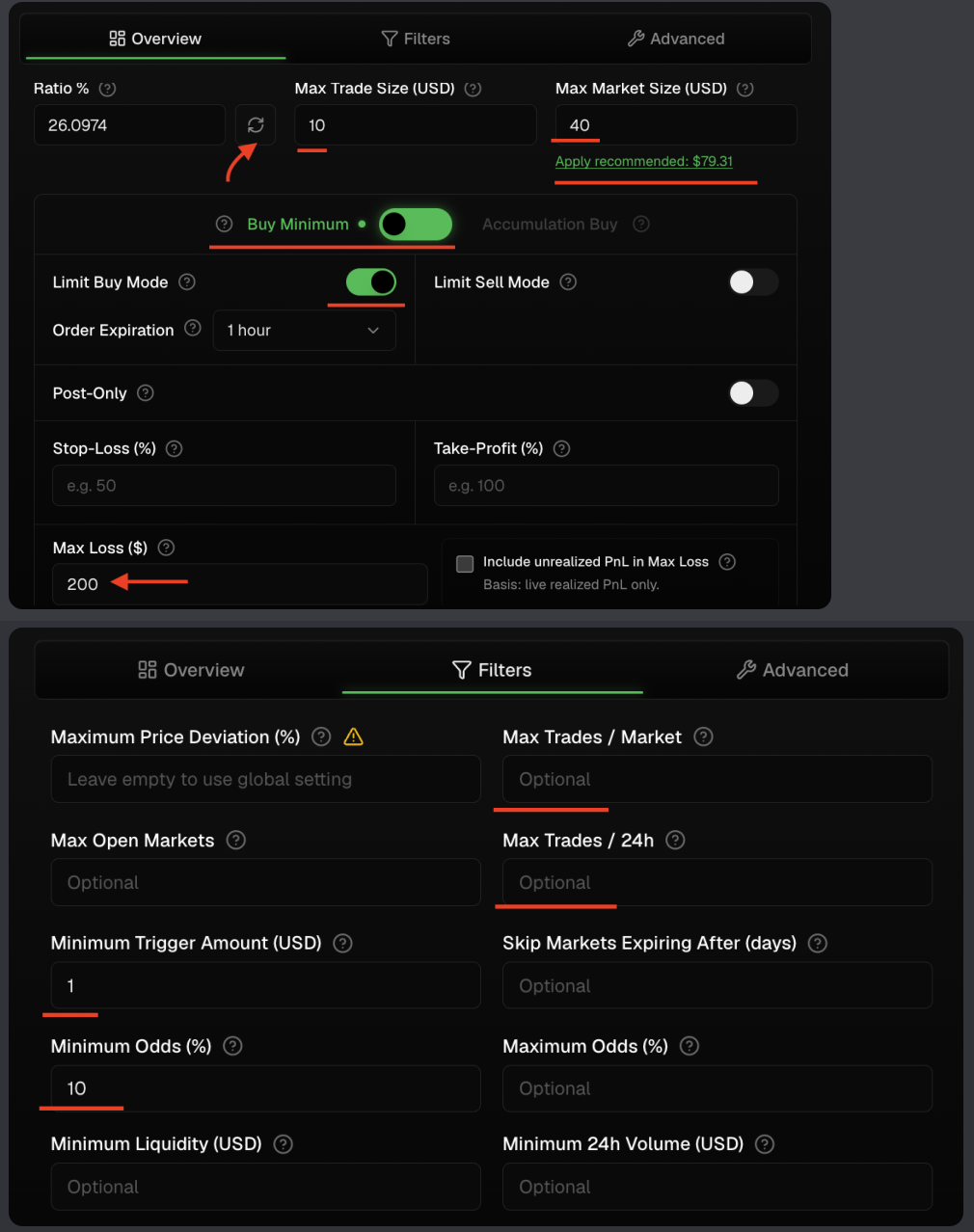 Example Olympus settings for copying a 5-minute crypto bot wallet: Overview and Filters tabs